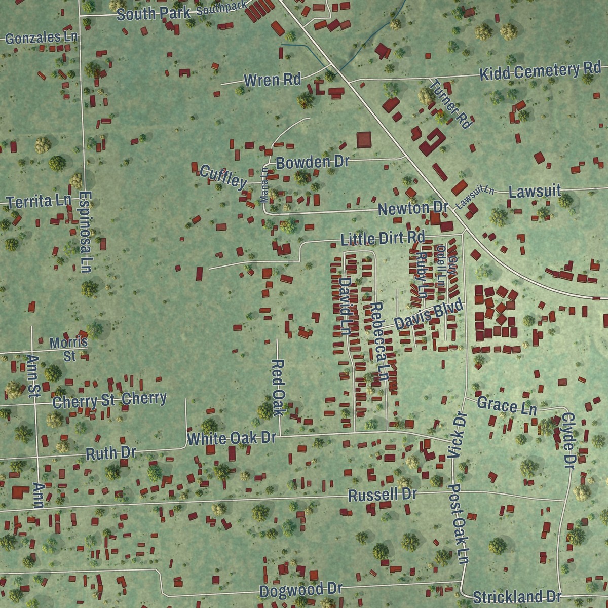Second close-up of the map of New Caney, Texas print showing more streets and buildings