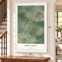 New Caney, Texas map, 24 x 36 inch print in a white frame by a staircase
