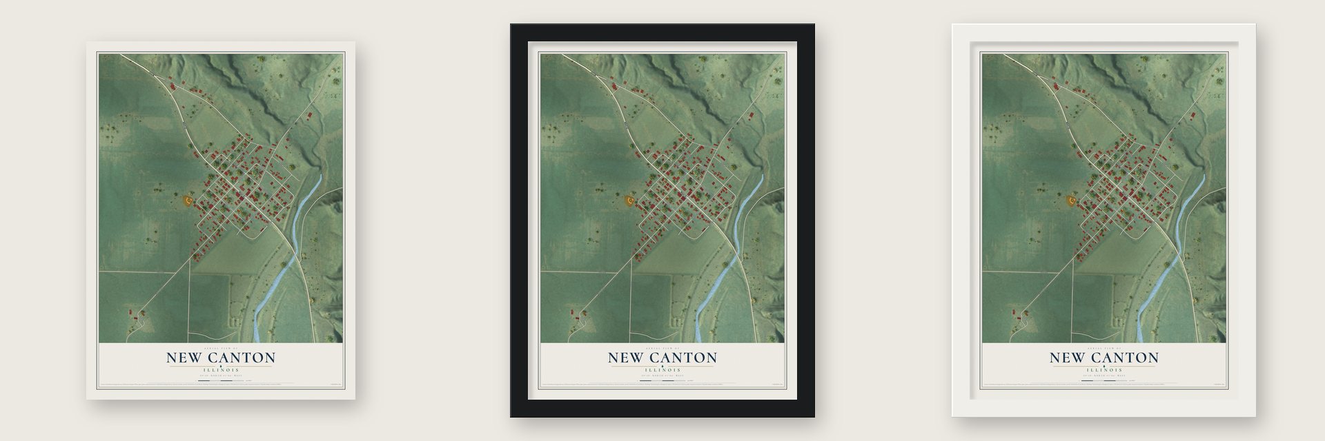 New Canton, Illinois map unframed, in a black wood frame and in a white wood frame