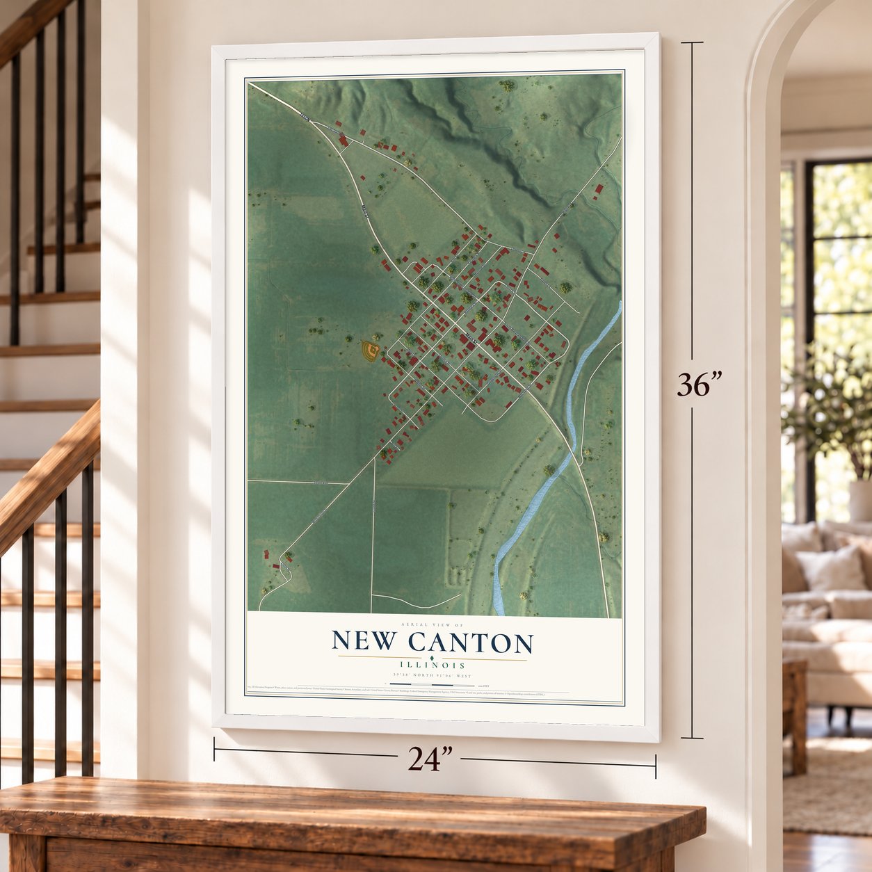 New Canton, Illinois map, 24 x 36 inch print in a white frame by a staircase