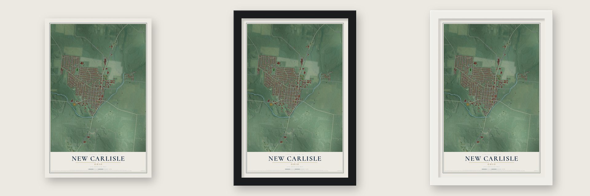 New Carlisle, Ohio map unframed, in a black wood frame and in a white wood frame