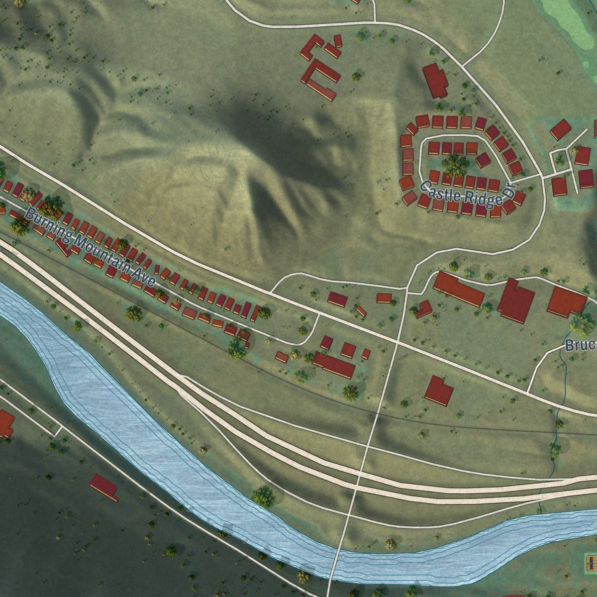 Second close-up of the map of New Castle, Colorado print showing more streets and buildings