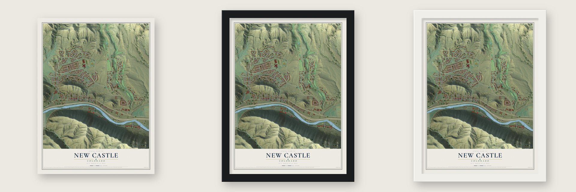 New Castle, Colorado map unframed, in a black wood frame and in a white wood frame
