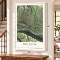 New Castle, Colorado map, 24 x 36 inch print in a white frame by a staircase