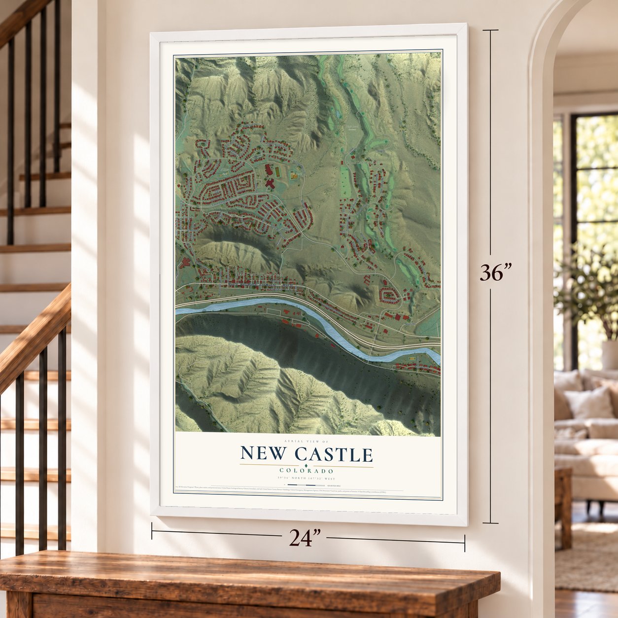 New Castle, Colorado map, 24 x 36 inch print in a white frame by a staircase