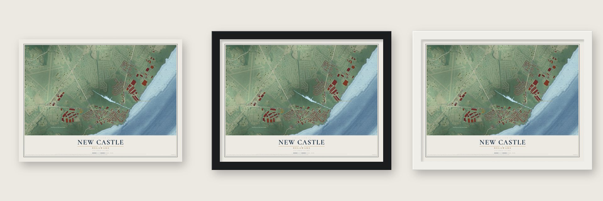 New Castle, Delaware map unframed, in a black wood frame and in a white wood frame