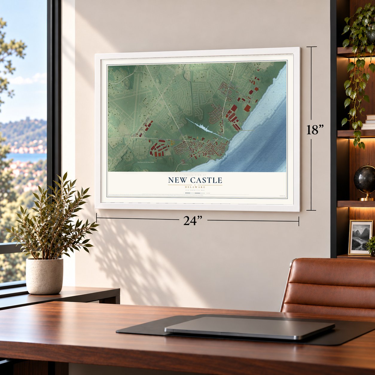 New Castle, Delaware map, 18 x 24 inch print in a white frame in a home office