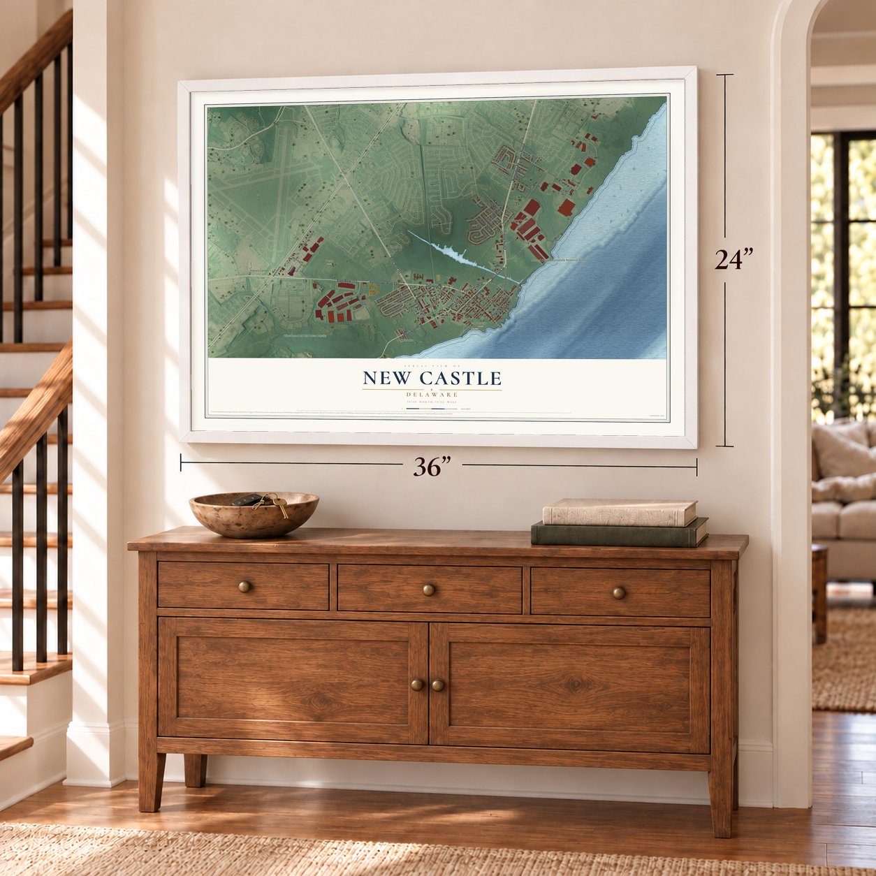 New Castle, Delaware map, 24 x 36 inch print in a white frame above a dresser by a staircase