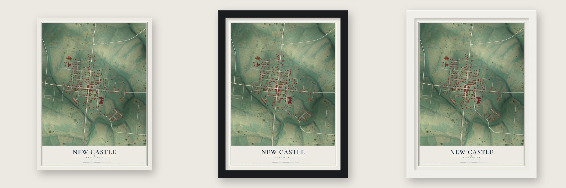 New Castle, Kentucky map unframed, in a black wood frame and in a white wood frame