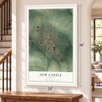 New Castle, Kentucky map, 24 x 36 inch print in a white frame by a staircase