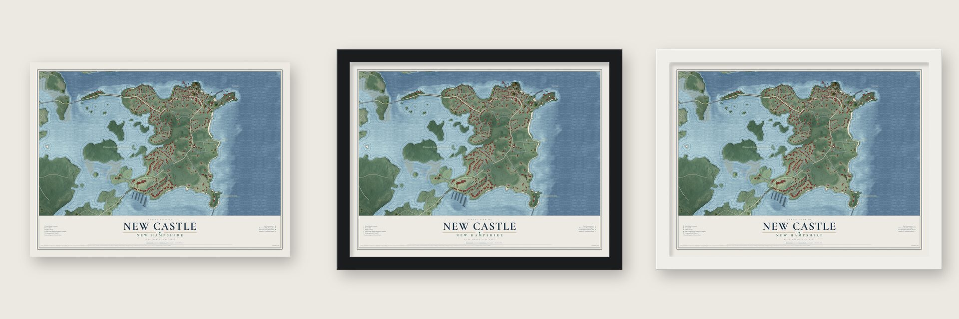 New Castle, New Hampshire map unframed, in a black wood frame and in a white wood frame