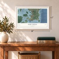 New Castle, New Hampshire map, 12 x 18 inch print in a white frame in an entryway