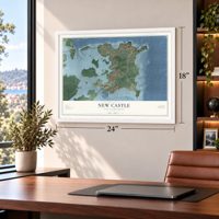 New Castle, New Hampshire map, 18 x 24 inch print in a white frame in a home office