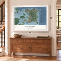 New Castle, New Hampshire map, 24 x 36 inch print in a white frame above a dresser by a staircase