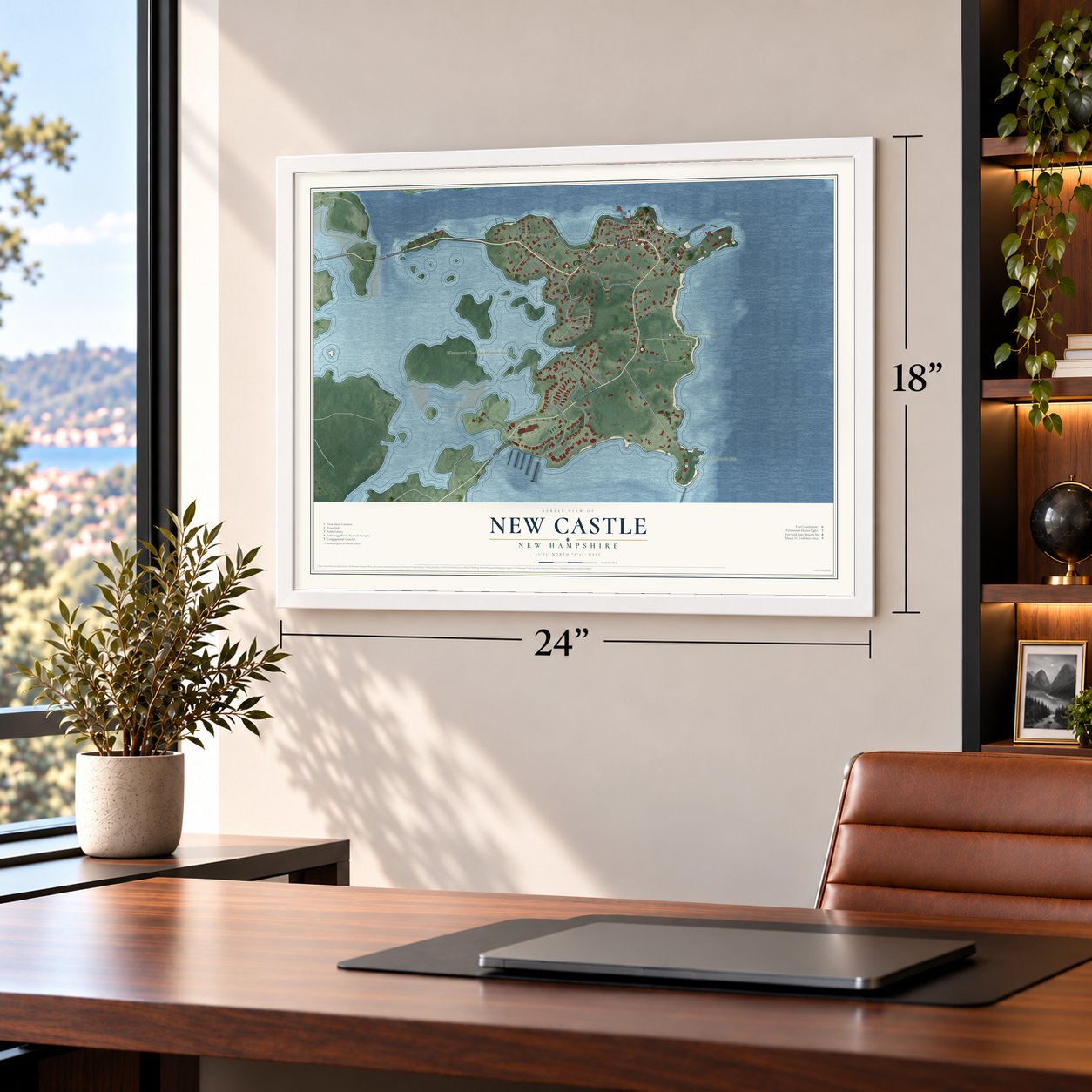 New Castle, New Hampshire map, 18 x 24 inch print in a white frame in a home office