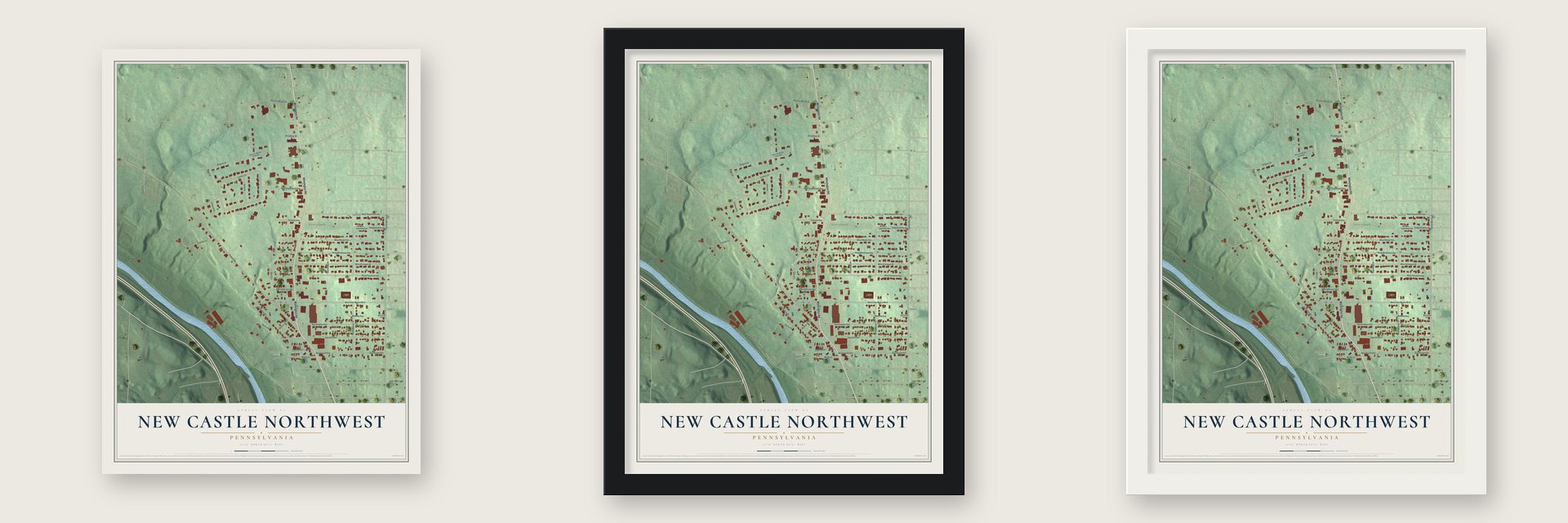 New Castle Northwest, Pennsylvania map unframed, in a black wood frame and in a white wood frame