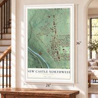 New Castle Northwest, Pennsylvania map, 24 x 36 inch print in a white frame by a staircase