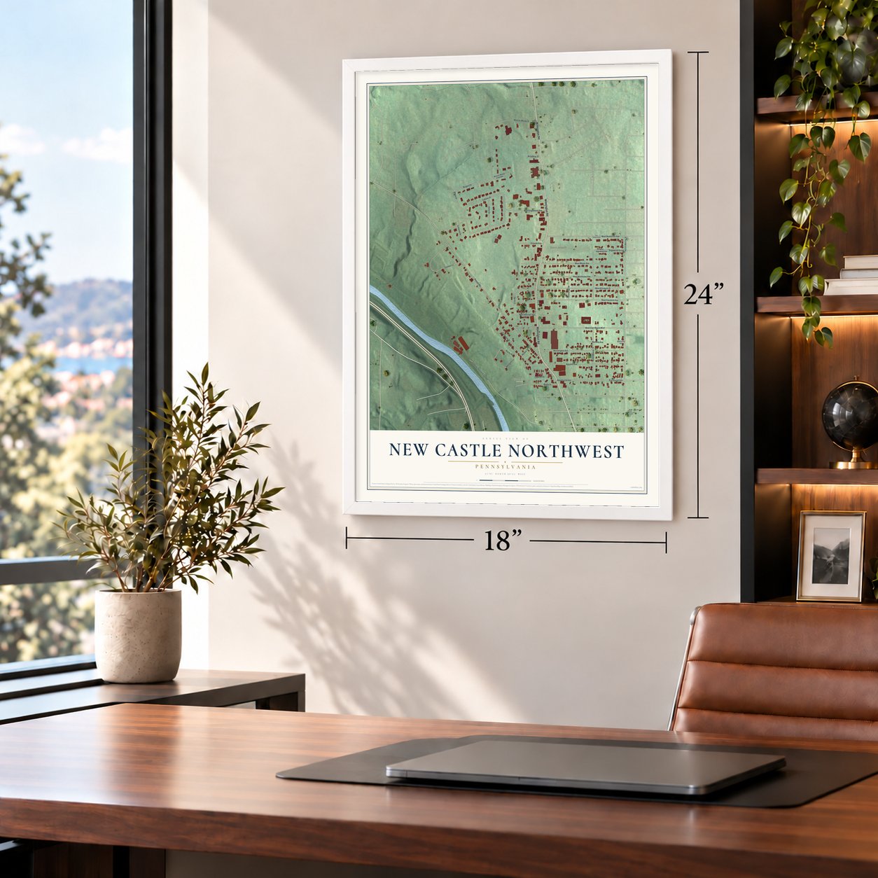 New Castle Northwest, Pennsylvania map, 18 x 24 inch print in a white frame in a home office