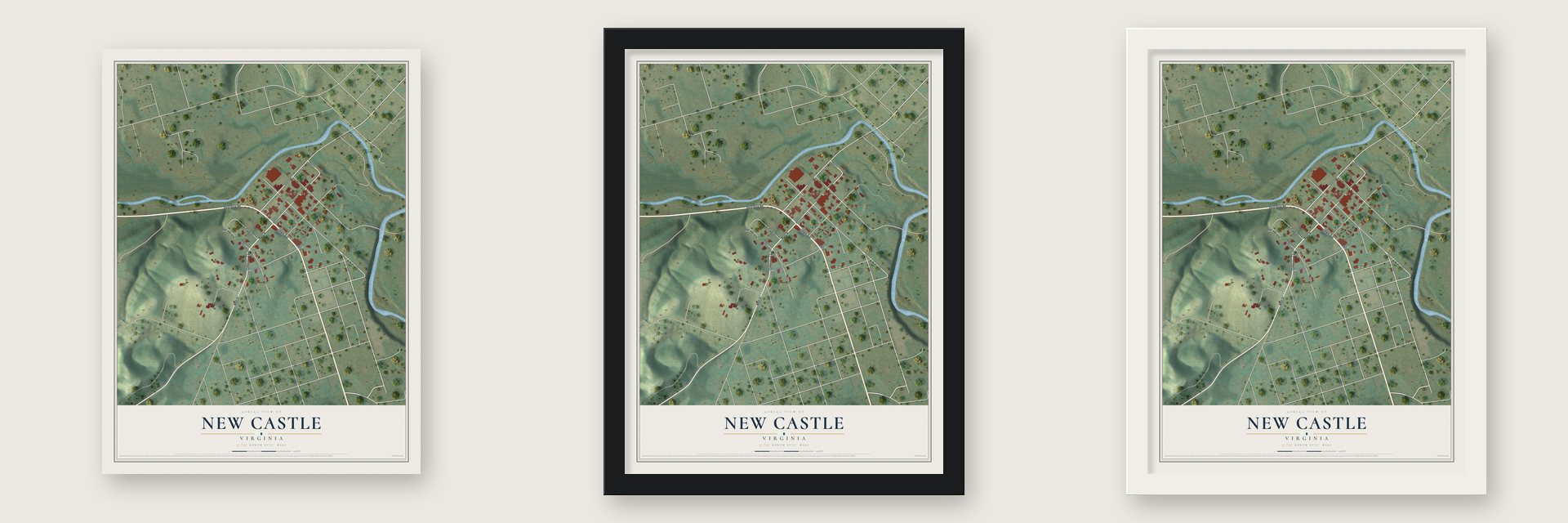 New Castle, Virginia map unframed, in a black wood frame and in a white wood frame