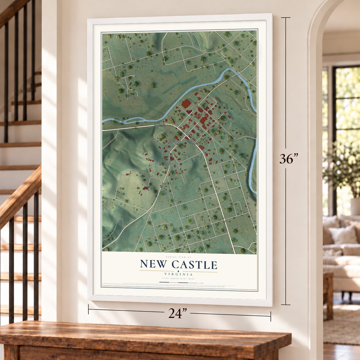 New Castle, Virginia map, 24 x 36 inch print in a white frame by a staircase
