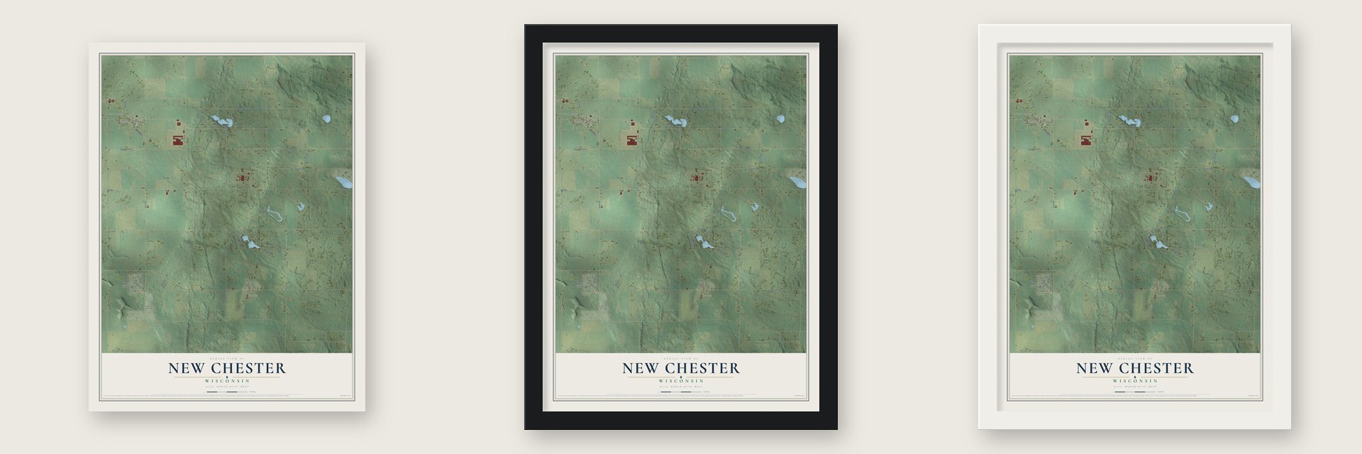 New Chester, Wisconsin map unframed, in a black wood frame and in a white wood frame