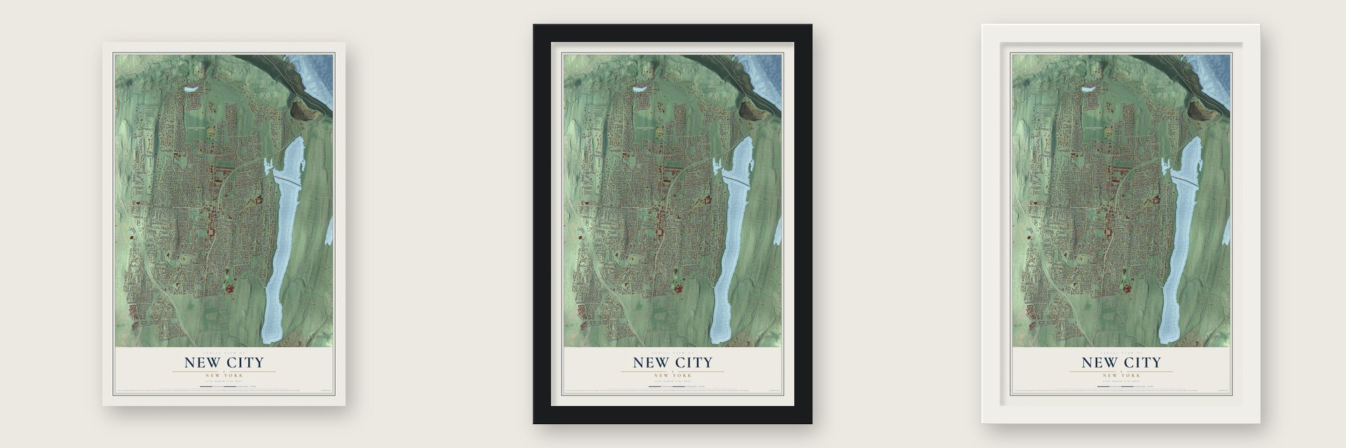 New City, New York map unframed, in a black wood frame and in a white wood frame
