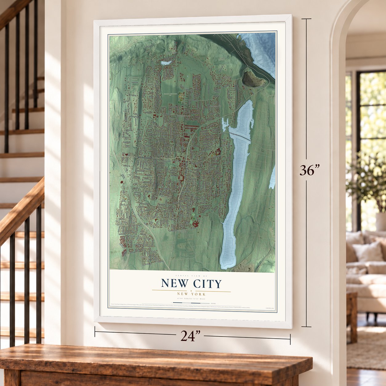 New City, New York map, 24 x 36 inch print in a white frame by a staircase