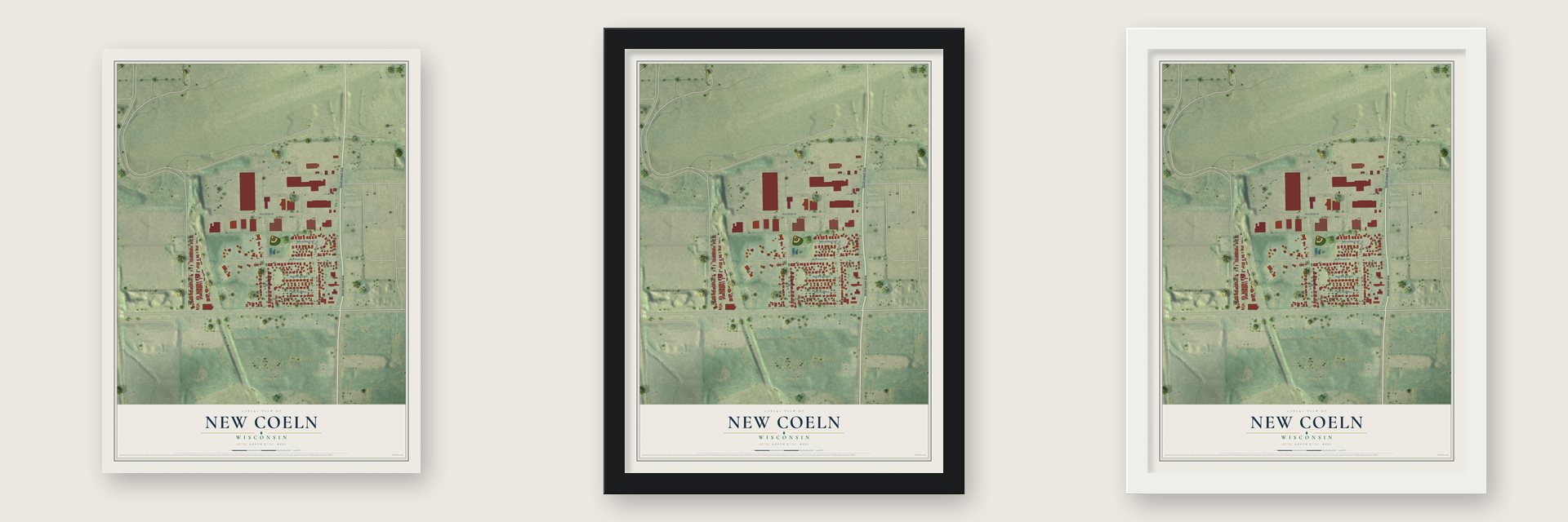 New Coeln, Wisconsin map unframed, in a black wood frame and in a white wood frame