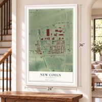 New Coeln, Wisconsin map, 24 x 36 inch print in a white frame by a staircase