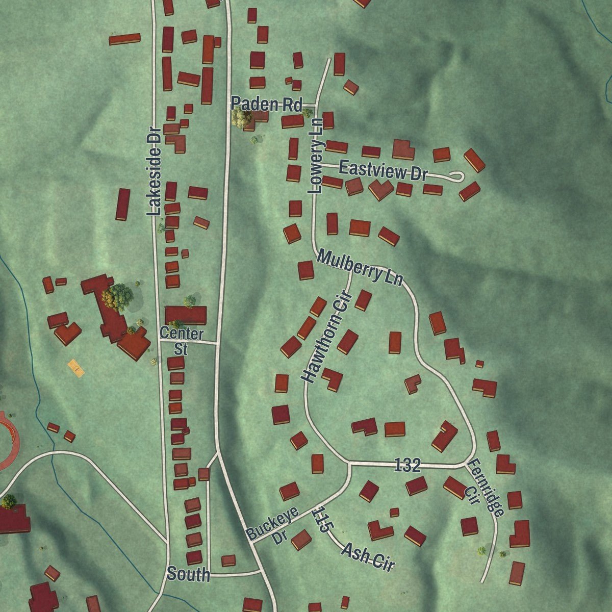 Second close-up of the map of New Concord, Ohio print showing more streets and buildings