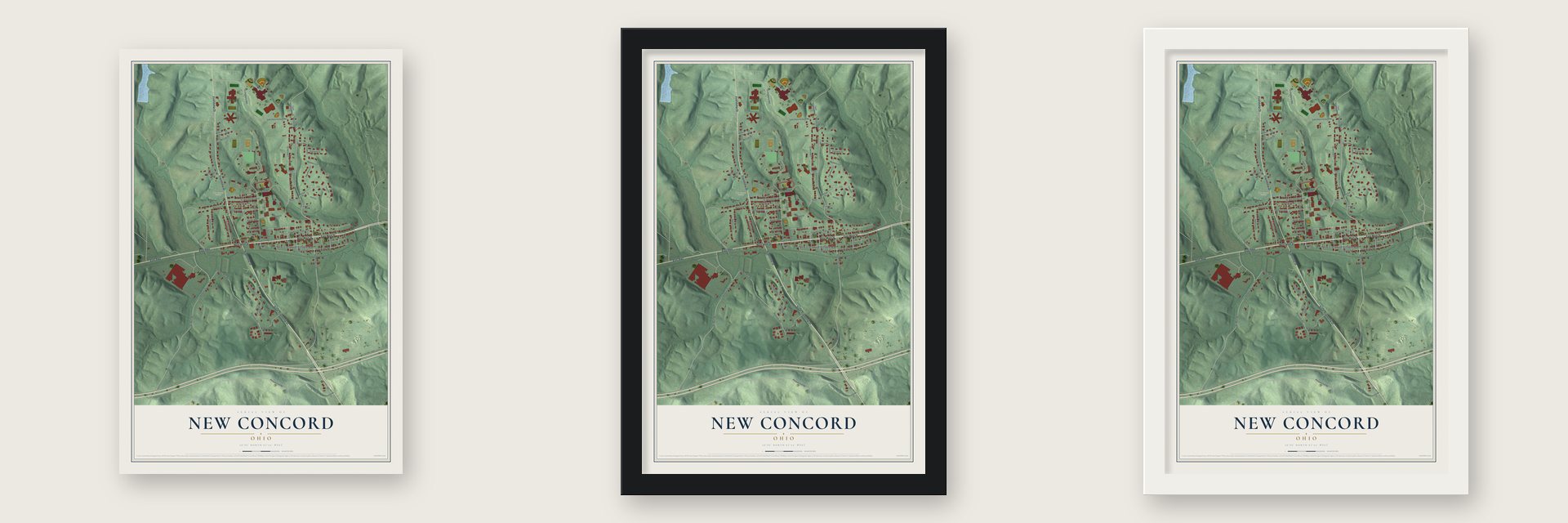 New Concord, Ohio map unframed, in a black wood frame and in a white wood frame