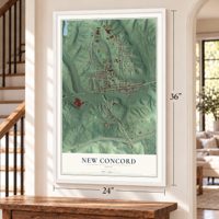 New Concord, Ohio map, 24 x 36 inch print in a white frame by a staircase