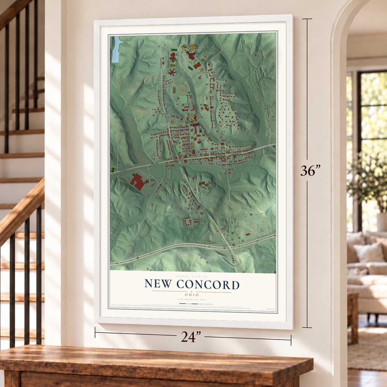 New Concord, Ohio map, 24 x 36 inch print in a white frame by a staircase