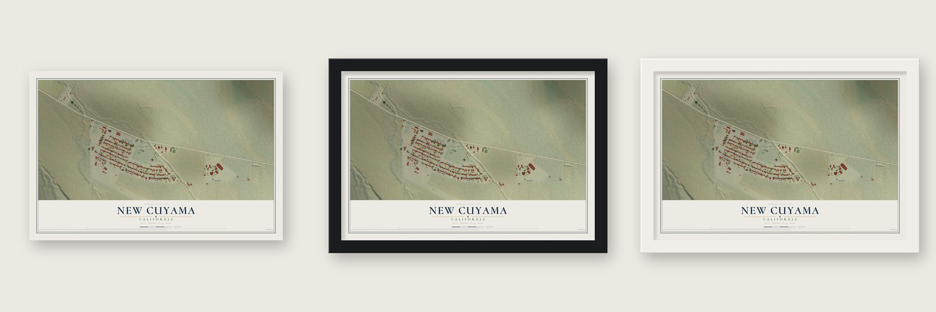 New Cuyama, California map unframed, in a black wood frame and in a white wood frame
