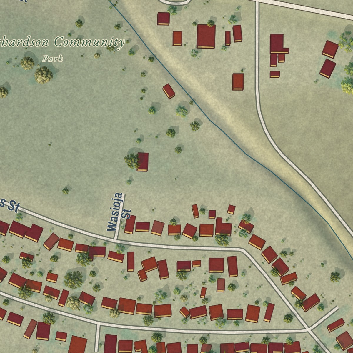 Second close-up of the map of New Cuyama, California print showing more streets and buildings