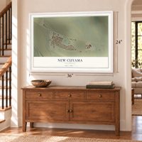 New Cuyama, California map, 24 x 36 inch print in a white frame above a dresser by a staircase
