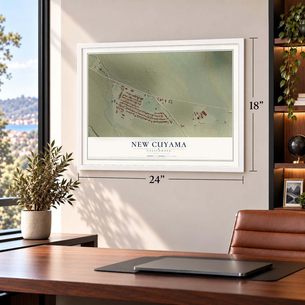 New Cuyama, California map, 18 x 24 inch print in a white frame in a home office