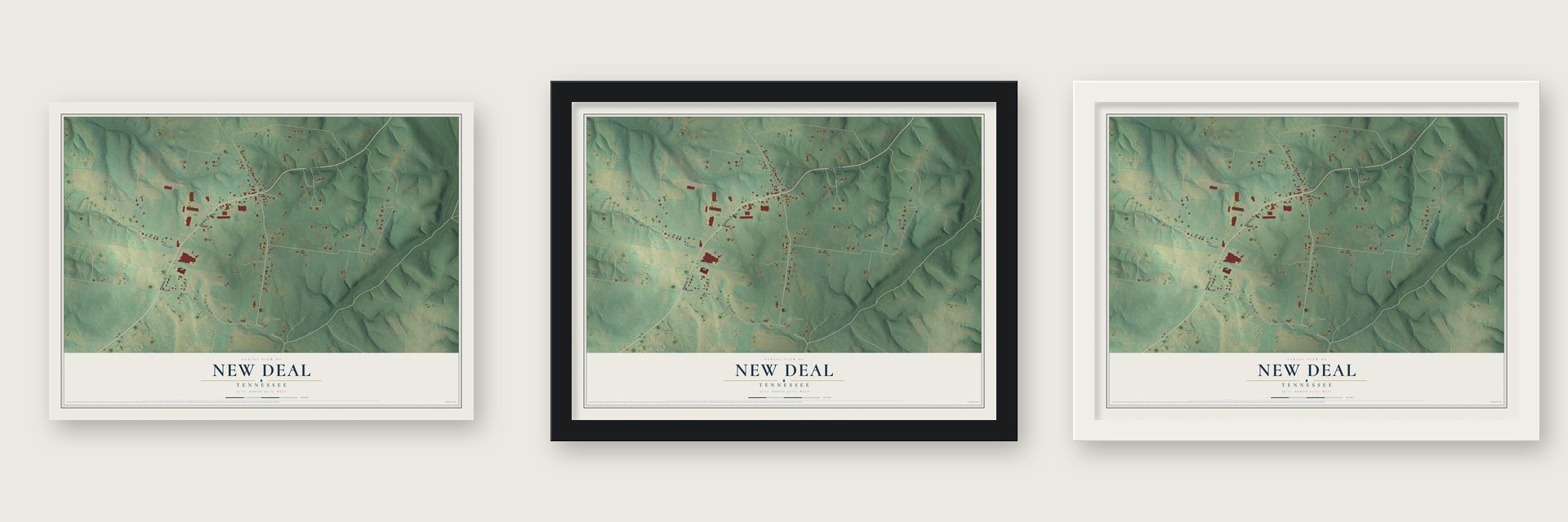 New Deal, Tennessee map unframed, in a black wood frame and in a white wood frame