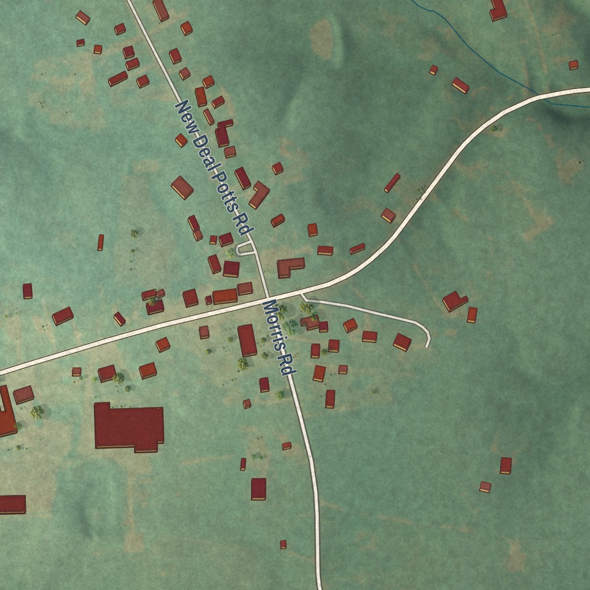 Second close-up of the map of New Deal, Tennessee print showing more streets and buildings