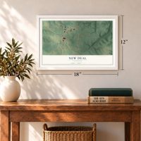 New Deal, Tennessee map, 12 x 18 inch print in a white frame in an entryway