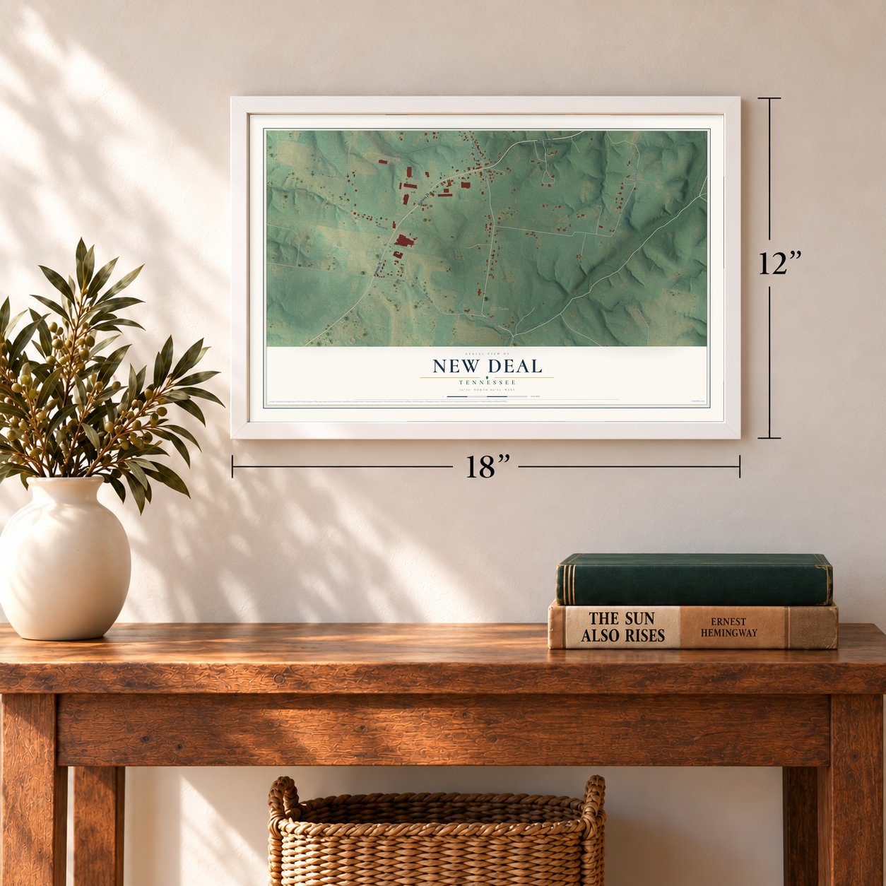 New Deal, Tennessee map, 12 x 18 inch print in a white frame in an entryway