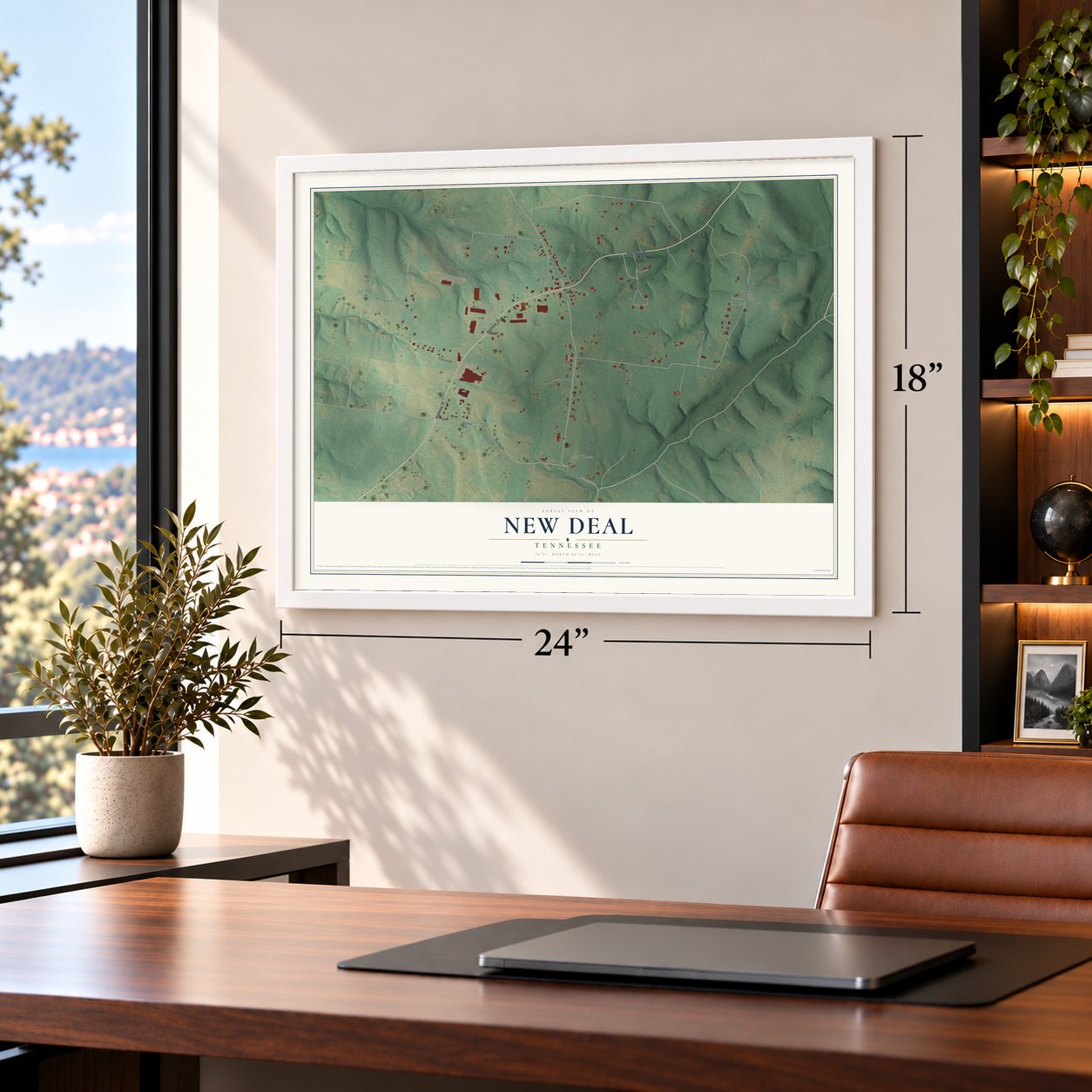 New Deal, Tennessee map, 18 x 24 inch print in a white frame in a home office