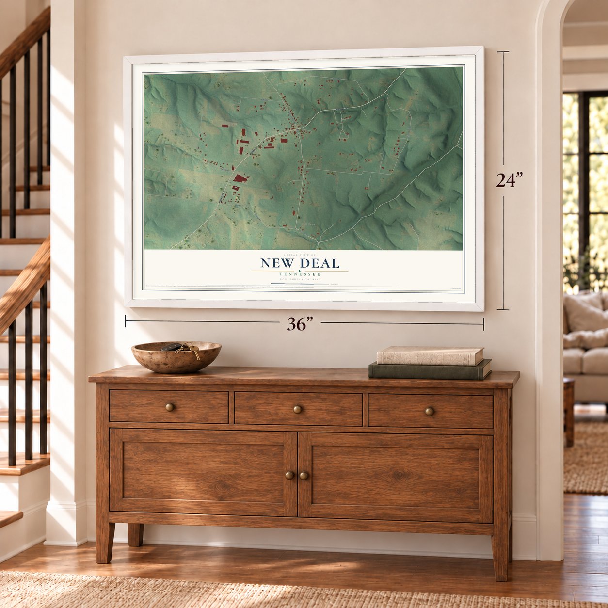 New Deal, Tennessee map, 24 x 36 inch print in a white frame above a dresser by a staircase
