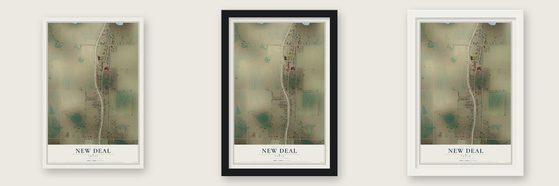 New Deal, Texas map unframed, in a black wood frame and in a white wood frame