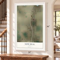 New Deal, Texas map, 24 x 36 inch print in a white frame by a staircase