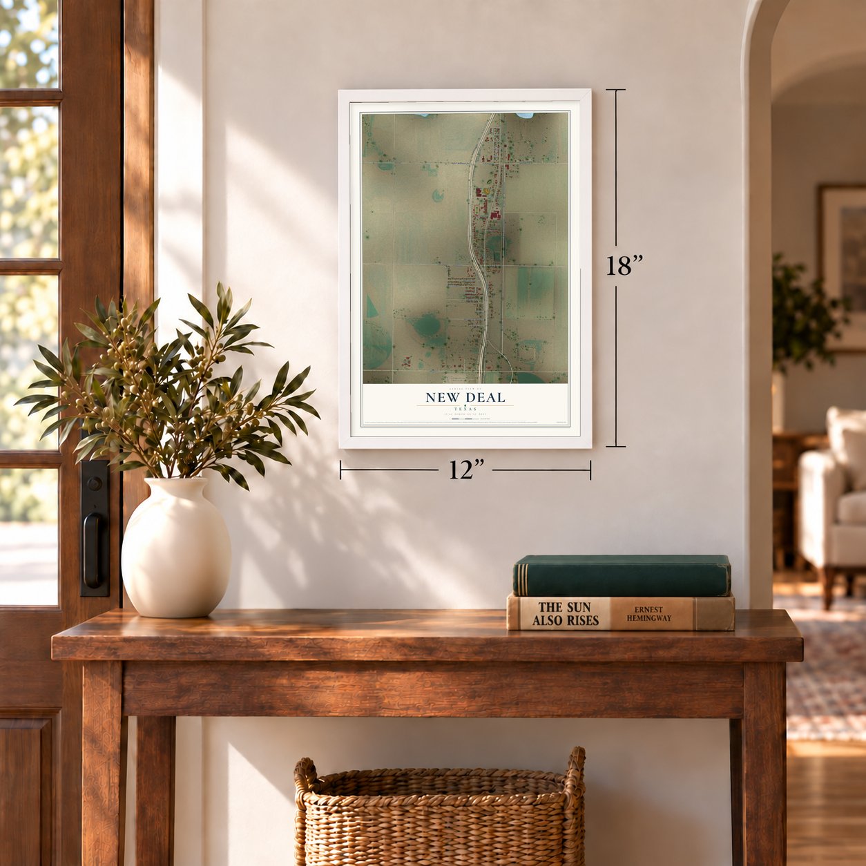 New Deal, Texas map, 12 x 18 inch print in a white frame in an entryway
