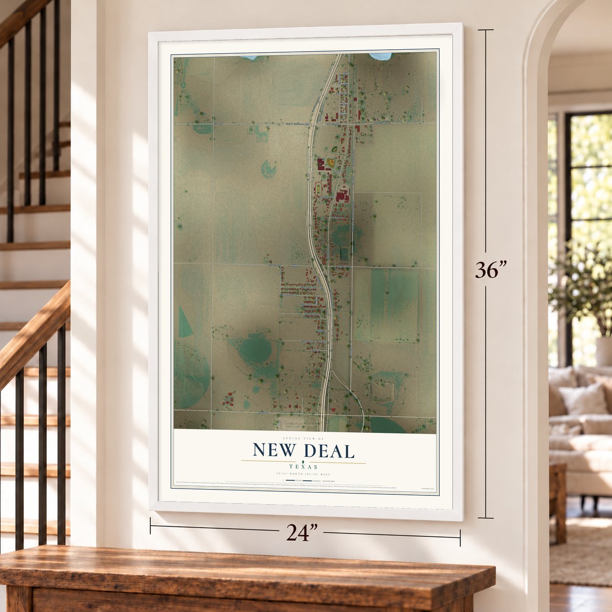 New Deal, Texas map, 24 x 36 inch print in a white frame by a staircase