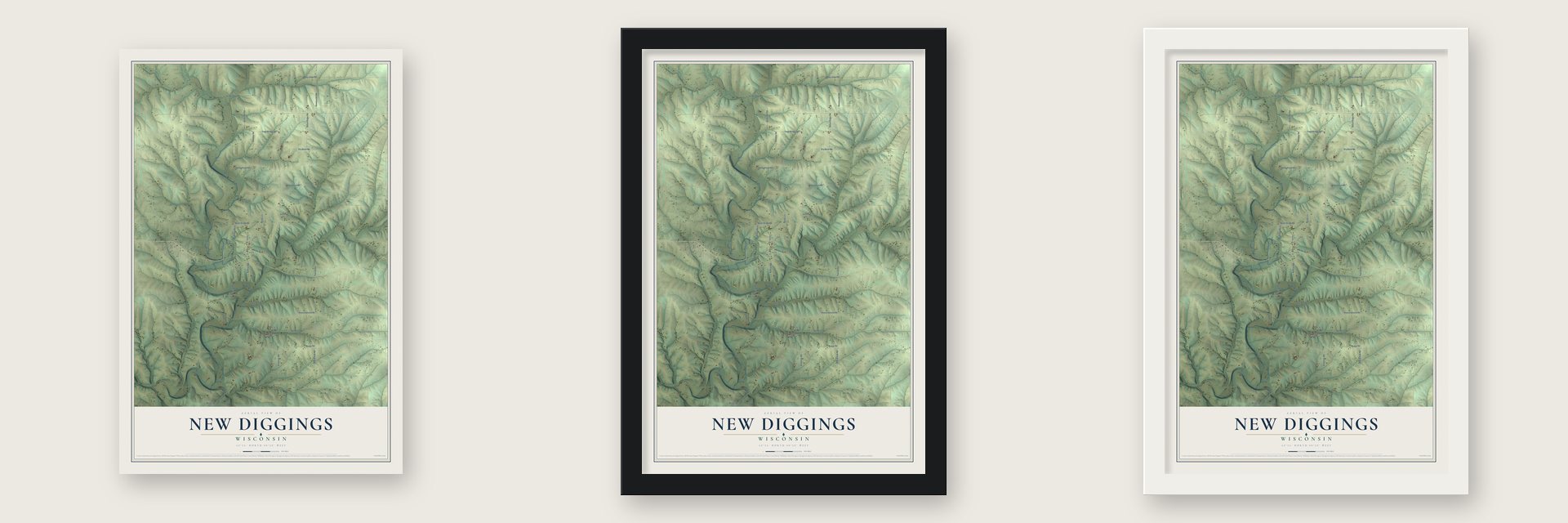 New Diggings, Wisconsin map unframed, in a black wood frame and in a white wood frame