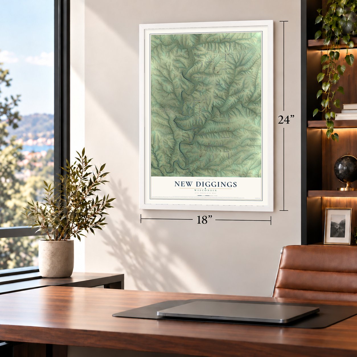 New Diggings, Wisconsin map, 18 x 24 inch print in a white frame in a home office