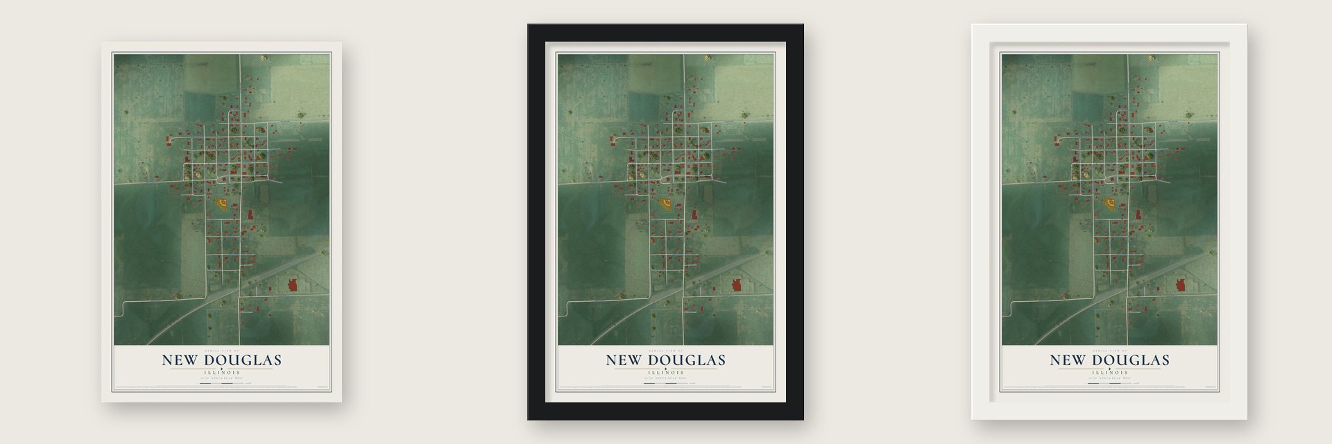 New Douglas, Illinois map unframed, in a black wood frame and in a white wood frame